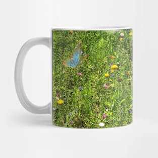 5 colorful angel butterflies over yellow dandelions and wild flowers in sunlight grass Mug